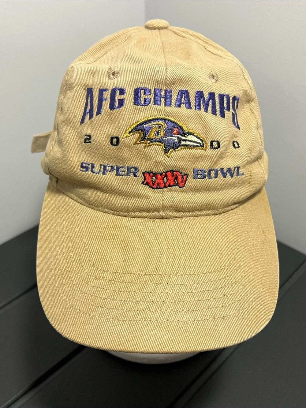 Vintage NFL Baltimore Ravens Super Bowl XXXV 35 AFC Champions Tan Hat Adult OSFA